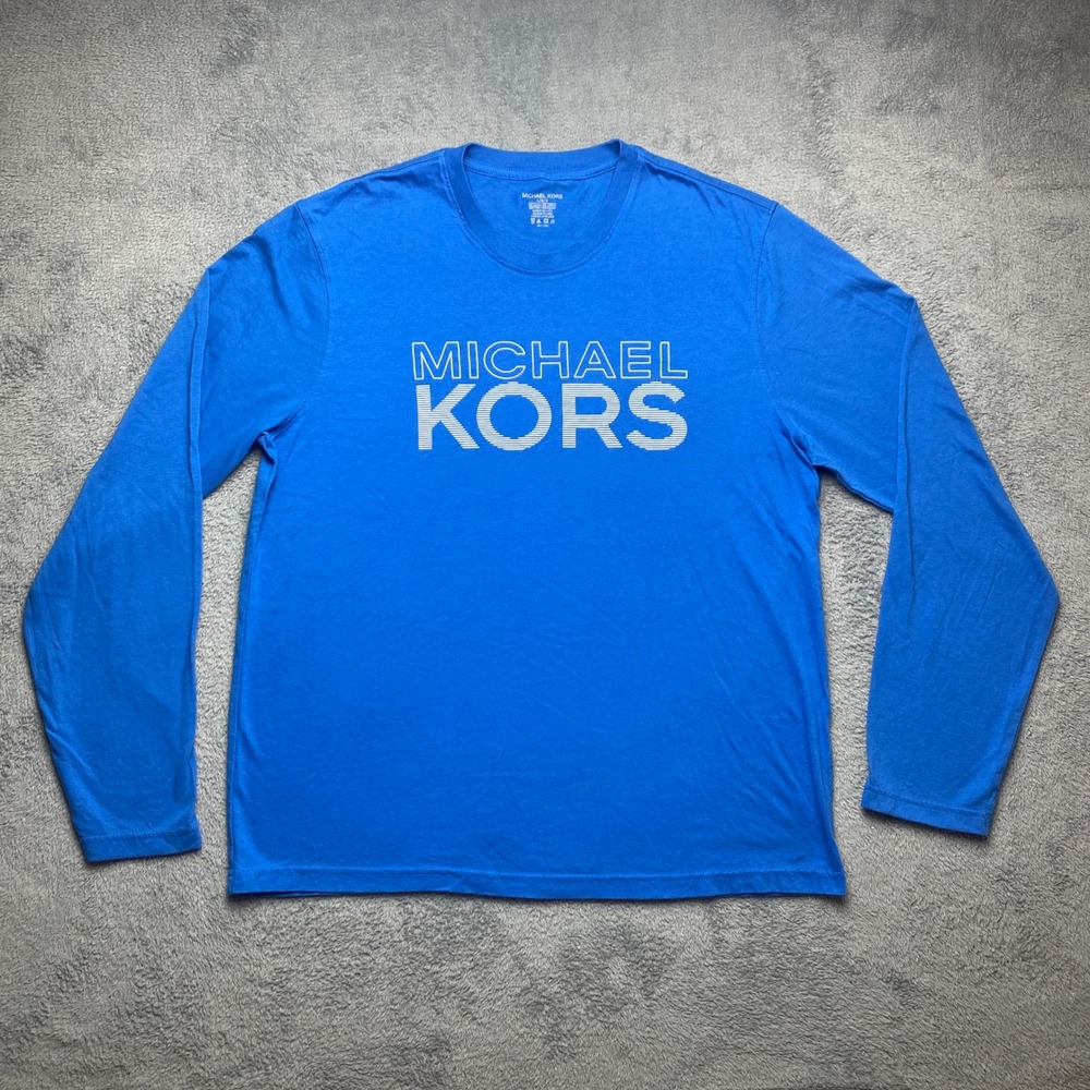 Michael Kors Long Sleeve T-Shirt Mens Large Blue Graphic Logo Soft Comfort